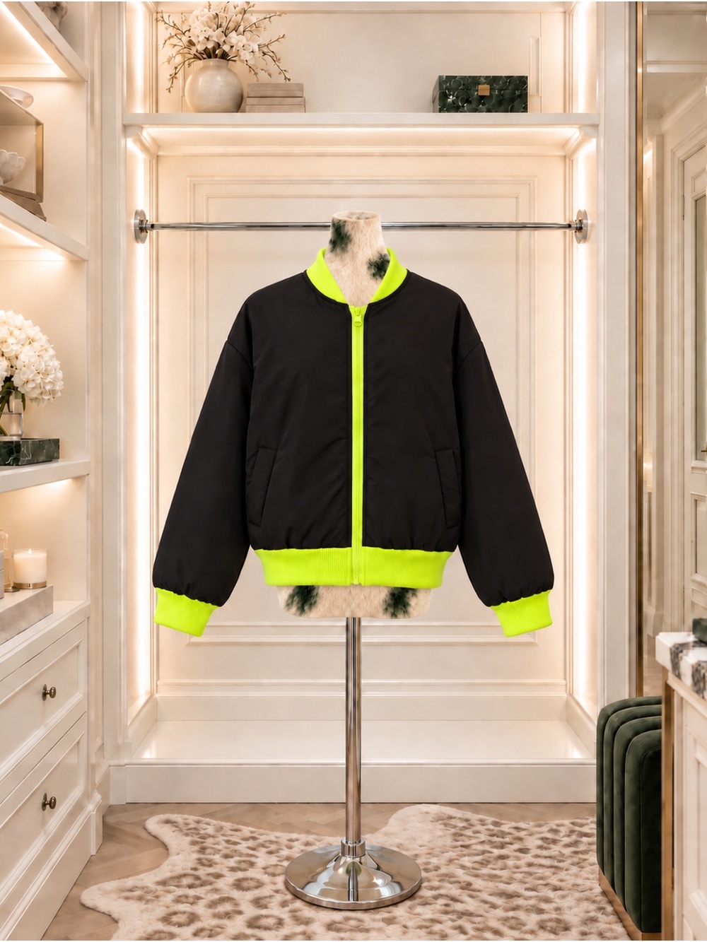 Fashion Nova Black Neon Lime Bubble Jacket XL